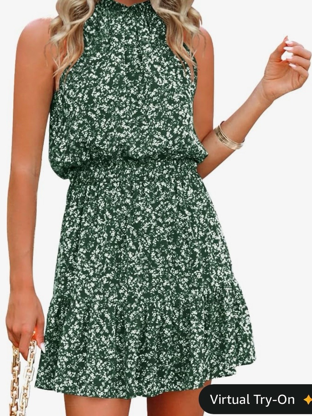 🩷 Sleeveless Dark Green Halter Floral Blouson Mini Dress size L